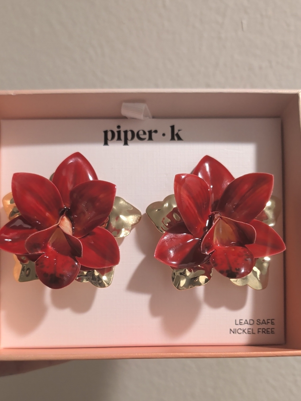 Piper Red Floral Orchid Earrings with Gold Leaves